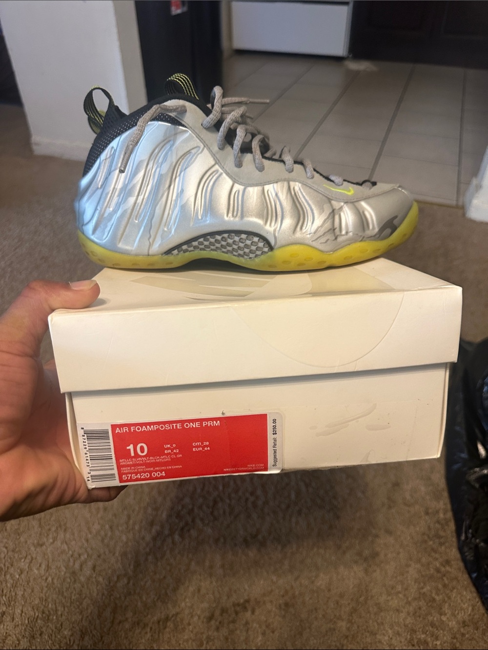 Nike Silver Foamposite One with Yellow Accents